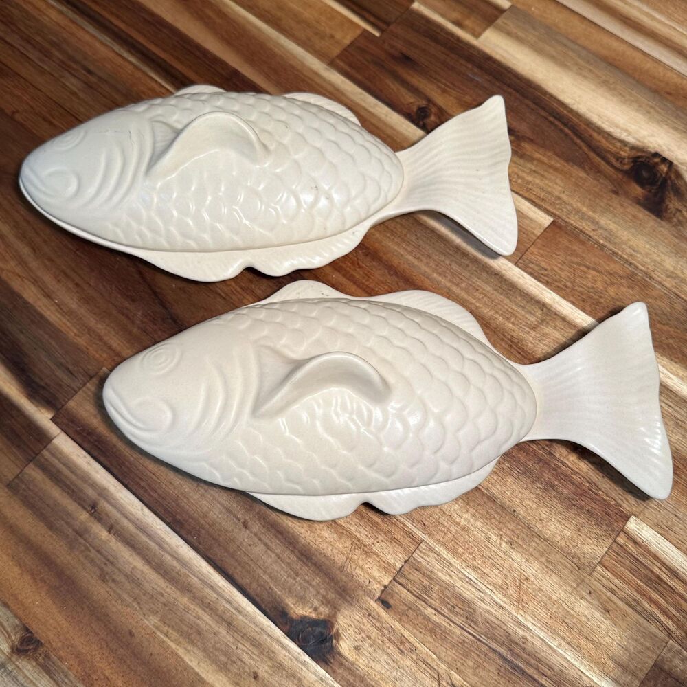 Pair Vintage Zodax Fish Shaped Covered Dishes, 10.5" Ceramic Serving Ware -THA